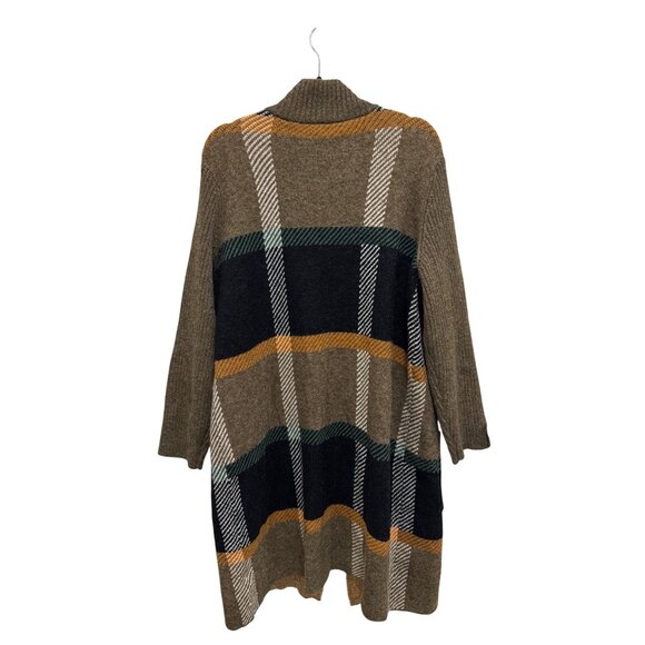 Joseph A. Women's Open Front Long Cardigan Sweater Chocolate Plaid Ribbed Knit 1 - Picture 3 of 7